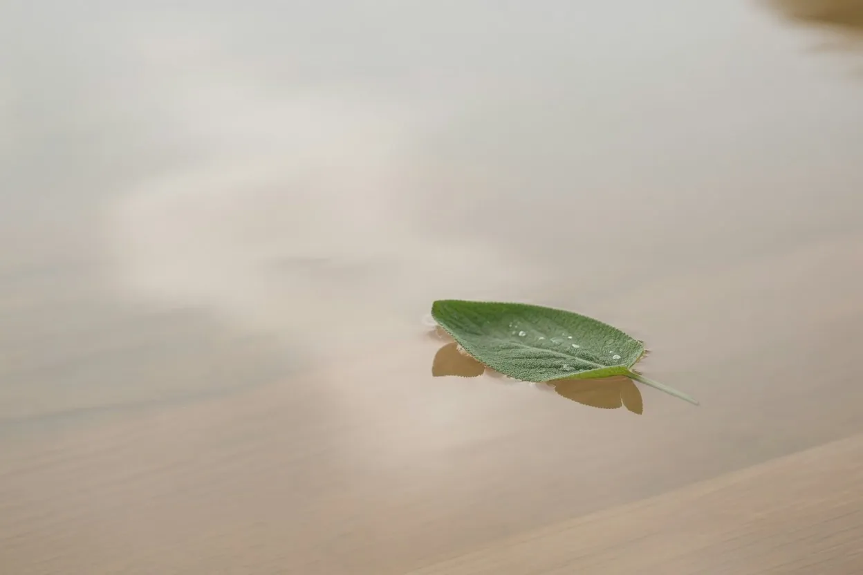 Een blad dat rustig op stil water drijft